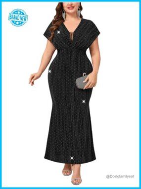 Plus Size Sparkly Rhinestone Mermaid Maxi Dress V Neck Formal Evening Gown